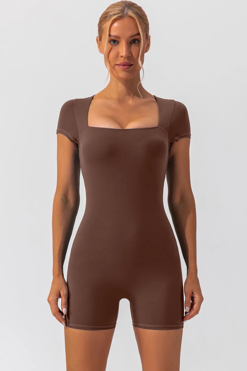 Barevici Poise cap sleeve active romper women’s square neck sculpting one piece in brown