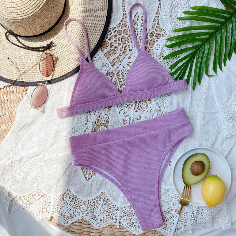 Barevici spaghetti strap ribbed bikini set women's minimalist textured swimwear pink