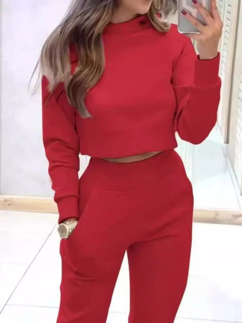 Barevici cropped sweatshirt jogger set women's minimalist lounge athleisure outfit (red)