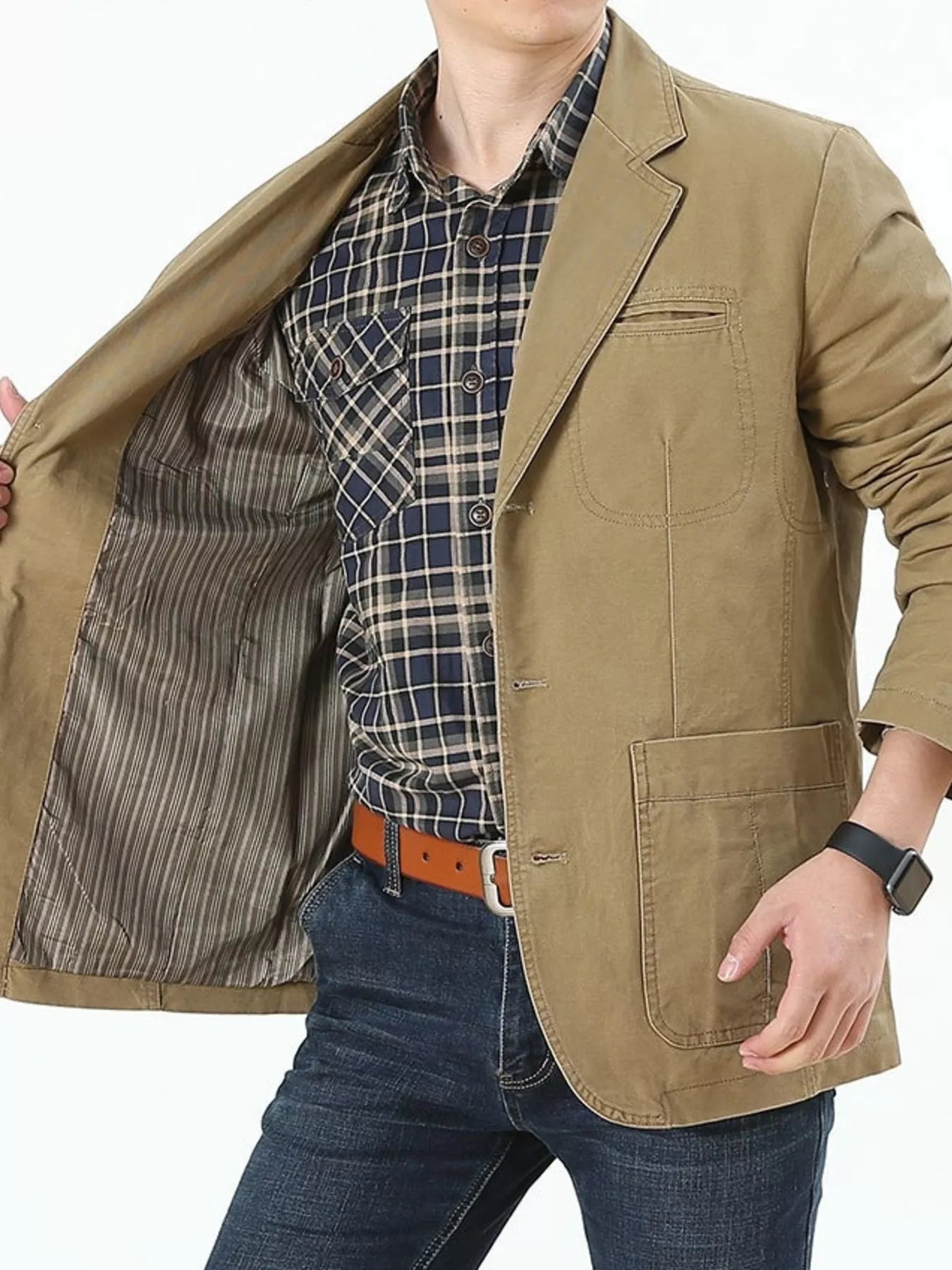 Barevici Sterling blazer men’s plus size casual lapel jacket khaki colour and inside liner