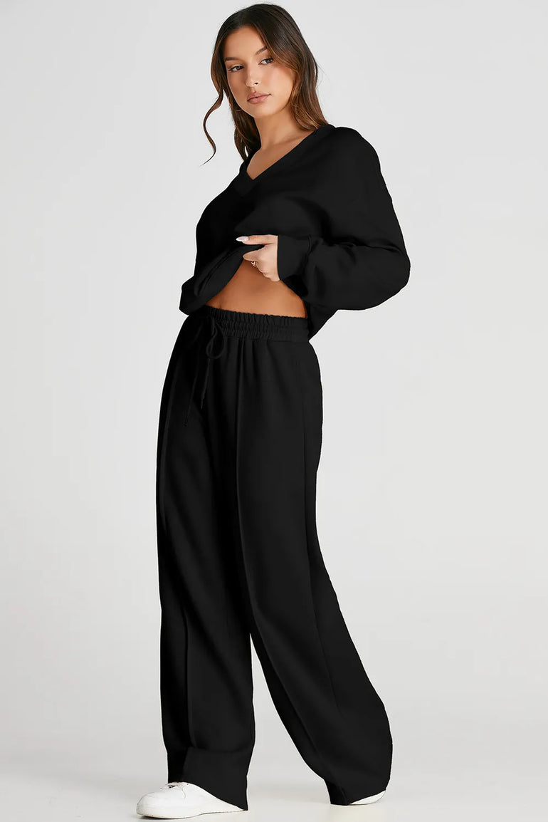 Barevici Meridian v neck set women’s black long sleeve top and pants minimalist lounge co ord, black