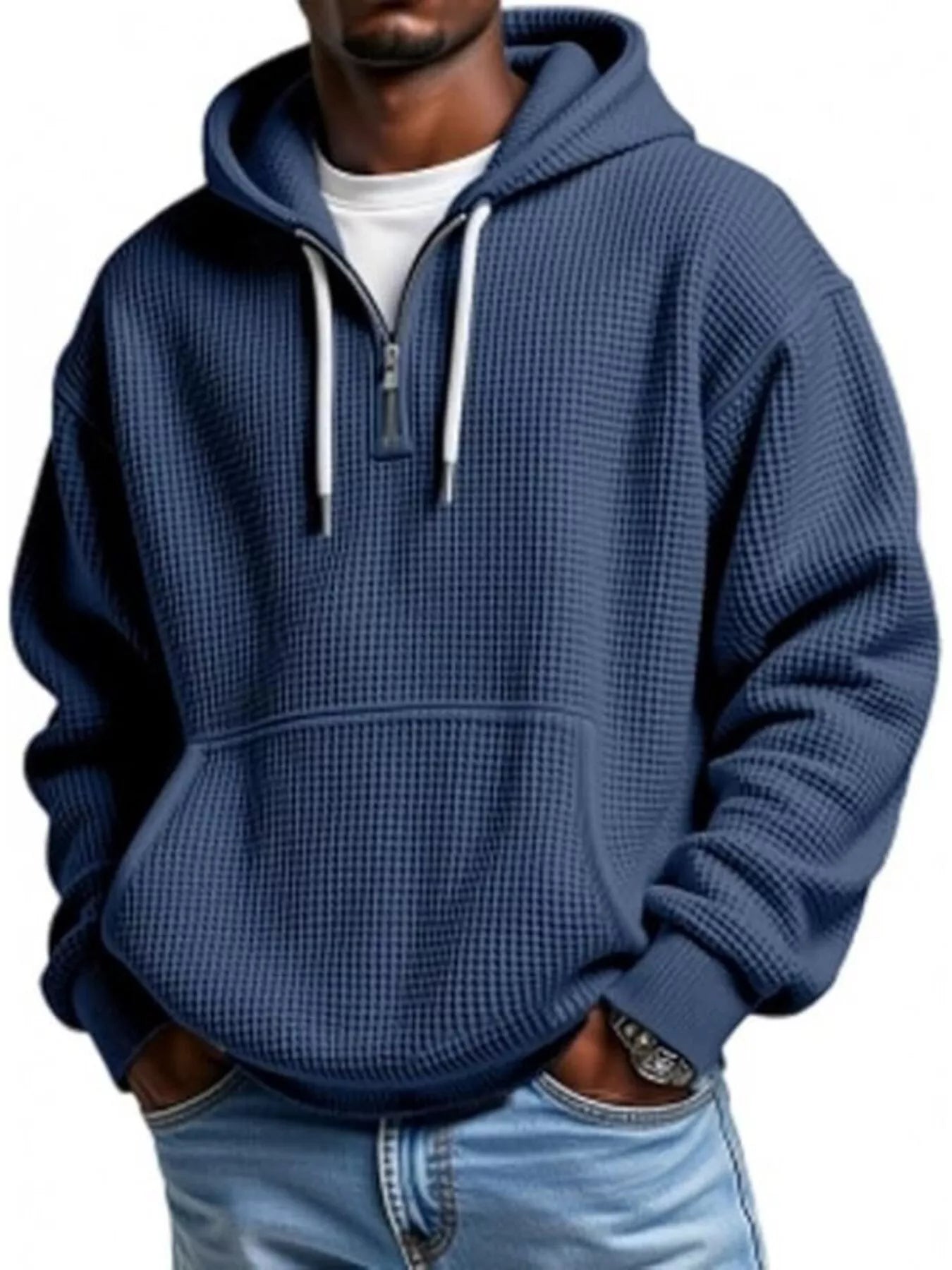 Barevici Loft waffle quarter zip hoodie men’s plus size textured hooded sweatshirt blue