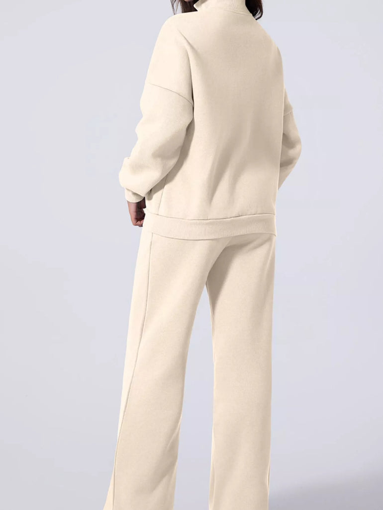 Barevici Motion zip track set women’s drop shoulder jacket and drawstring pants active co ord in beige, back view