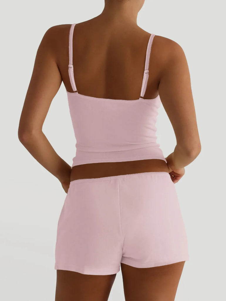 Barevici Luma v neck cami and shorts set women’s minimalist lounge co ord pink back view