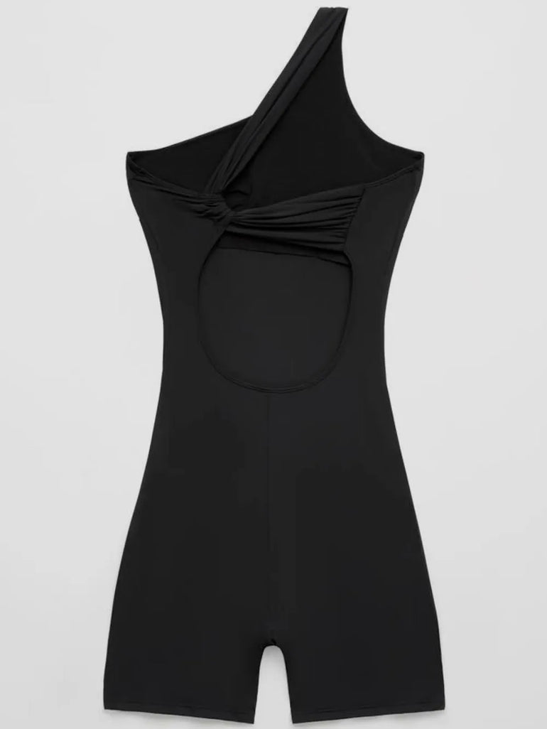 Barevici Solo one shoulder active romper women’s minimalist sculpting one piece in black, product only, back view