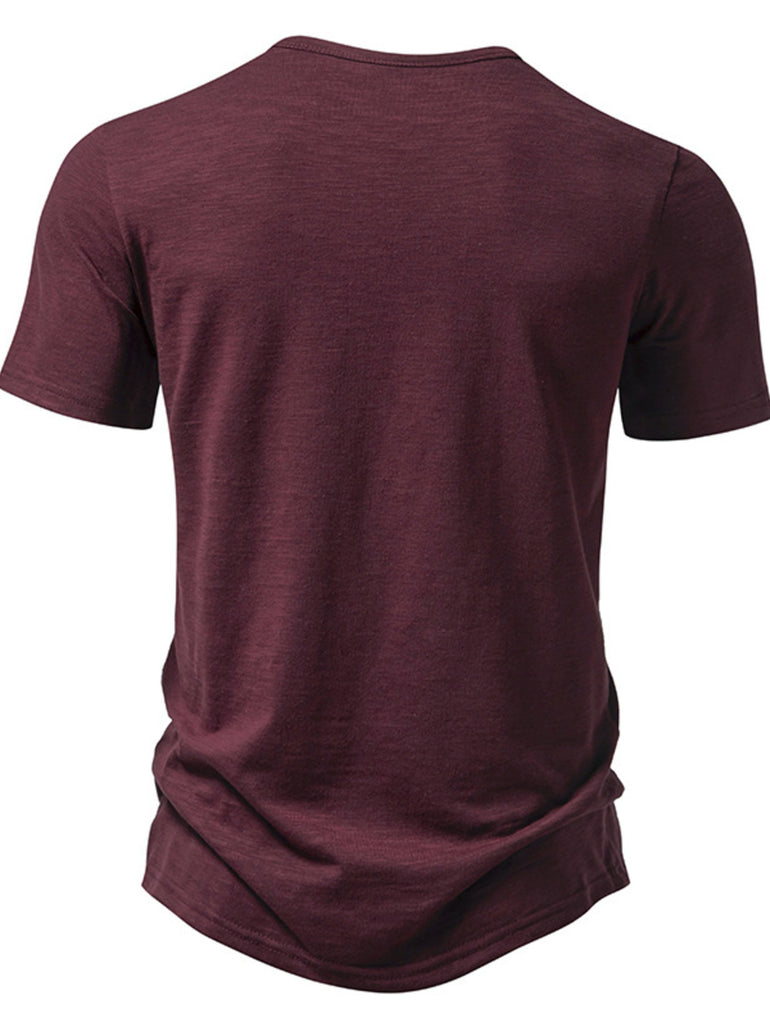 Barevici Crest button tee men’s minimalist casual t shirt burgandy back view