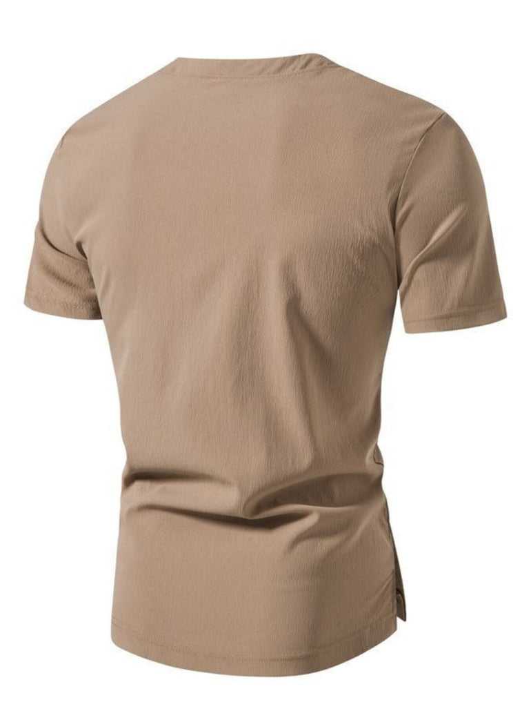Barevici Harbor textured Henley tee men’s minimalist button detail t shirt beige back view