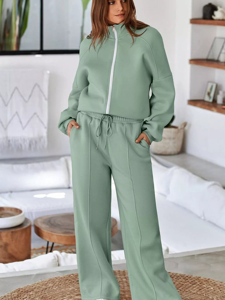 Barevici Motion zip track set women’s drop shoulder jacket and drawstring pants active co ord in sage