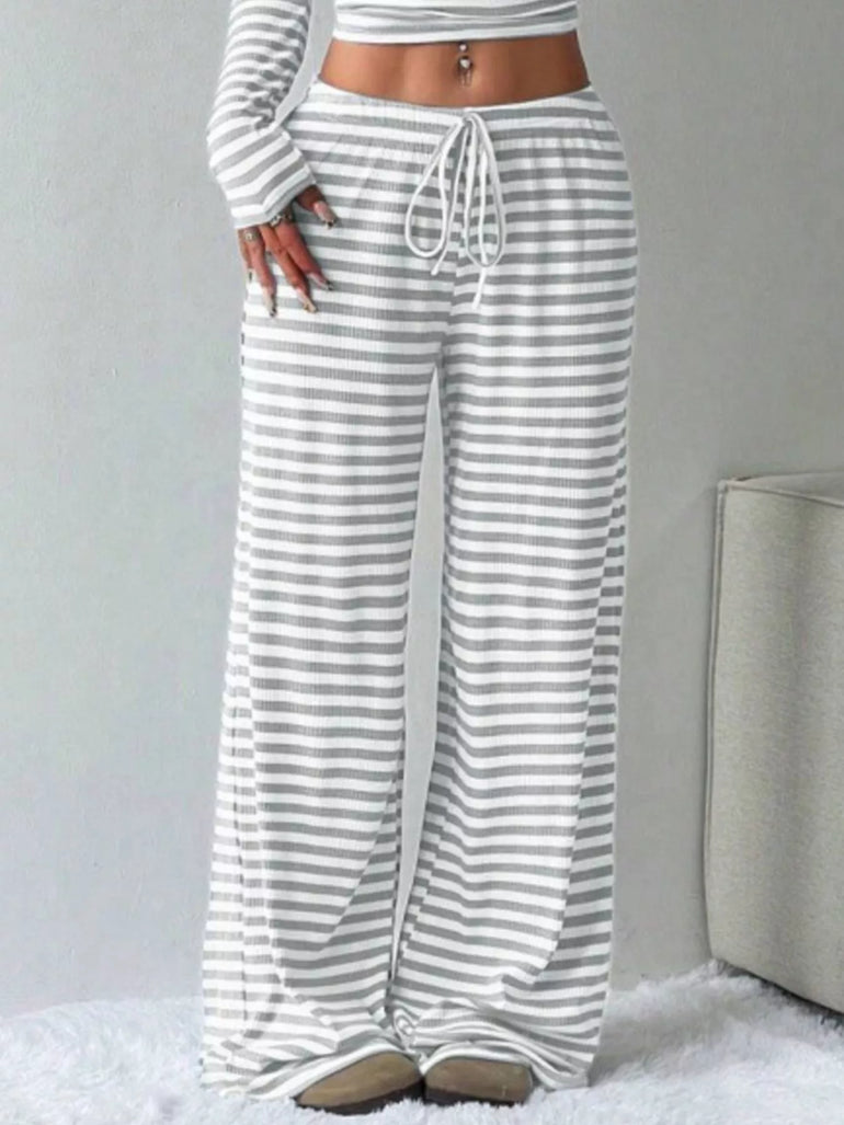 Barevici Horizon stripe set women’s striped long sleeve crop top and wide leg pants co ord grey stripes, pants close up