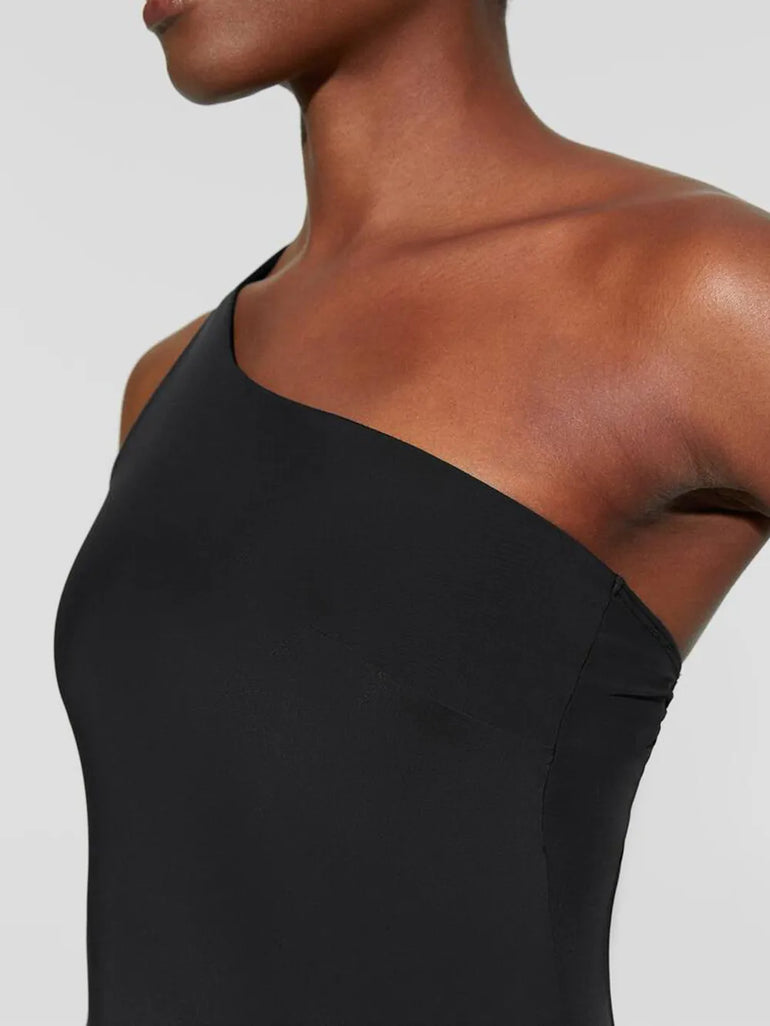 Barevici Solo one shoulder active romper women’s minimalist sculpting one piece in black