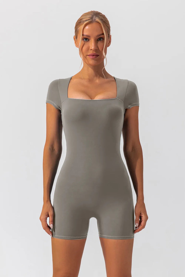 Barevici Poise cap sleeve active romper women’s square neck sculpting one piece in grey