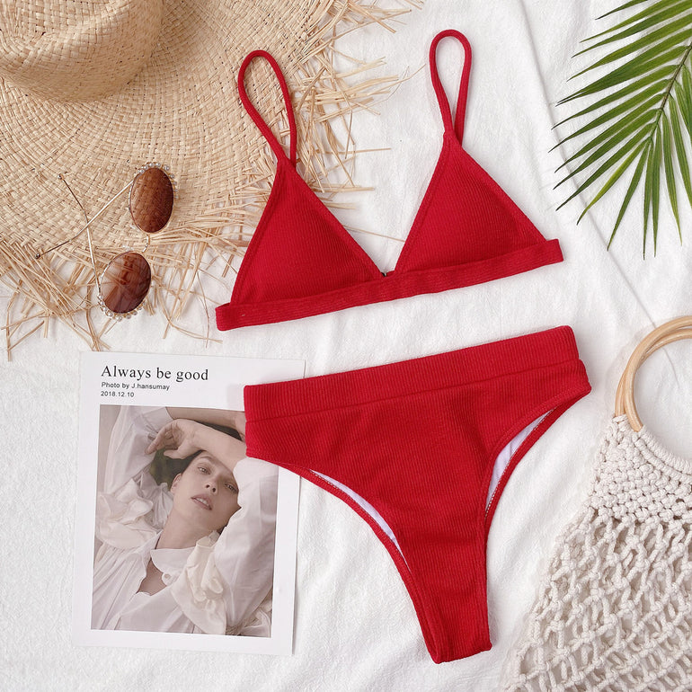 Barevici spaghetti strap ribbed bikini set women's minimalist textured swimwear red