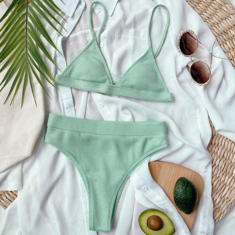 Barevici spaghetti strap ribbed bikini set women's minimalist textured swimwear light blue