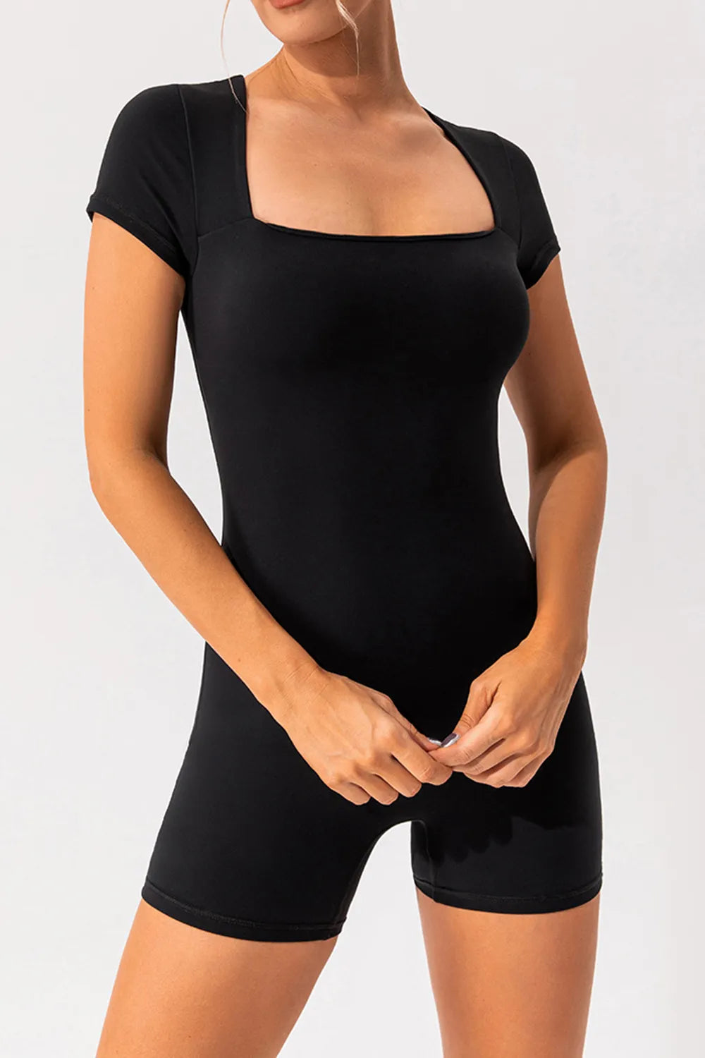 Barevici Poise cap sleeve active romper women’s square neck sculpting one piece in black
