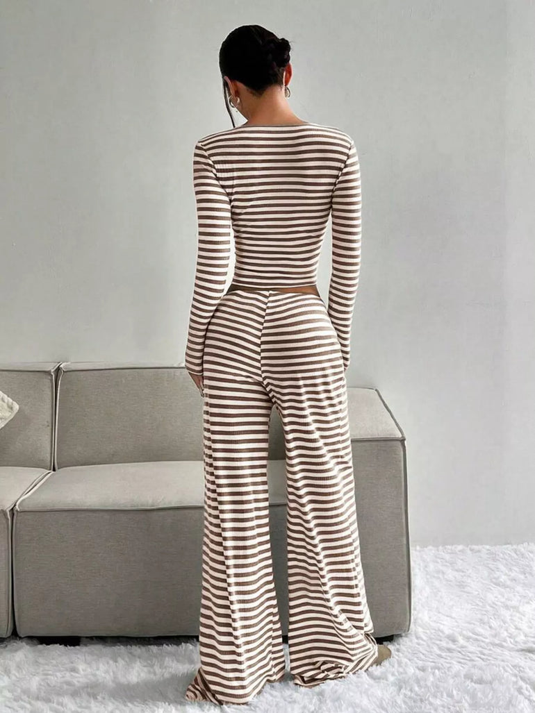 Barevici Horizon stripe set women’s striped long sleeve crop top and wide leg pants co ord, khaki stripes, back view
