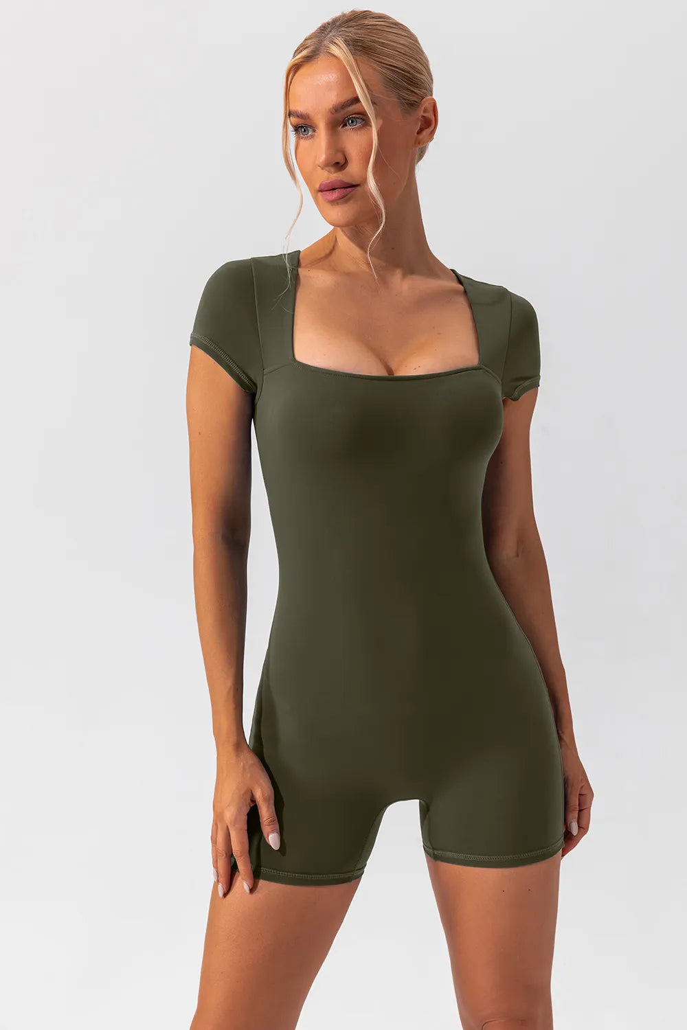 Barevici Poise cap sleeve active romper women’s square neck sculpting one piece in matcha green