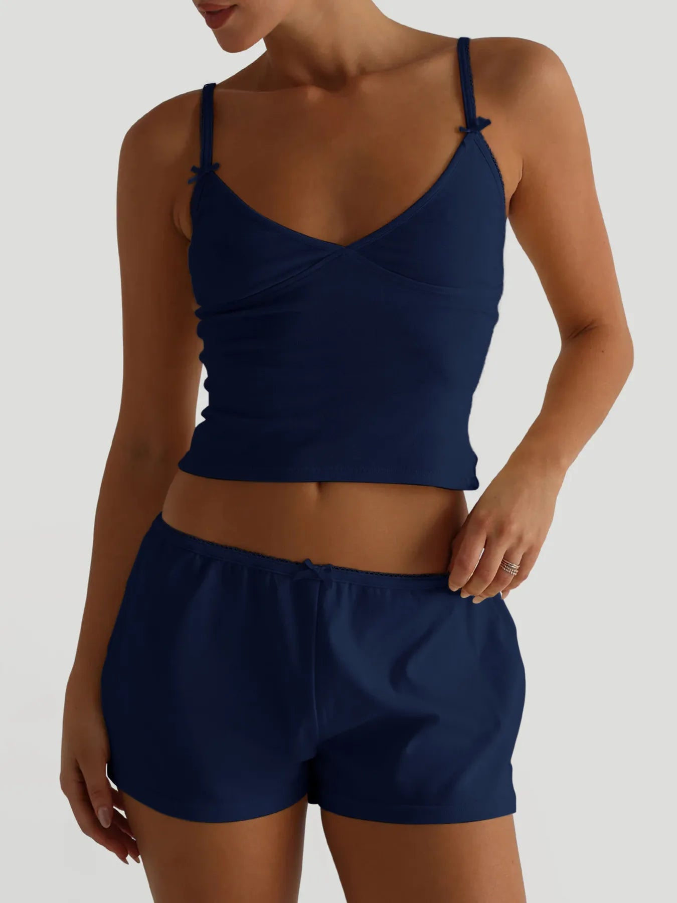Barevici Luma v neck cami and shorts set women’s minimalist lounge co ord navy blue