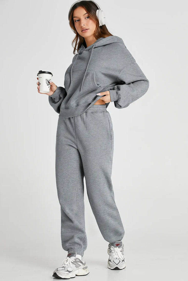 Barevici Transit hooded set women’s dropped shoulder hoodie and drawstring pants active co ord in gray