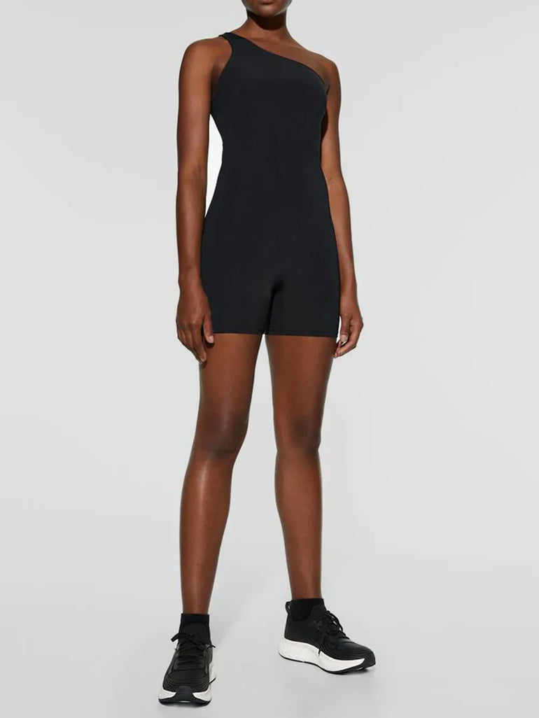 Barevici Solo one shoulder active romper women’s minimalist sculpting one piece in black on model