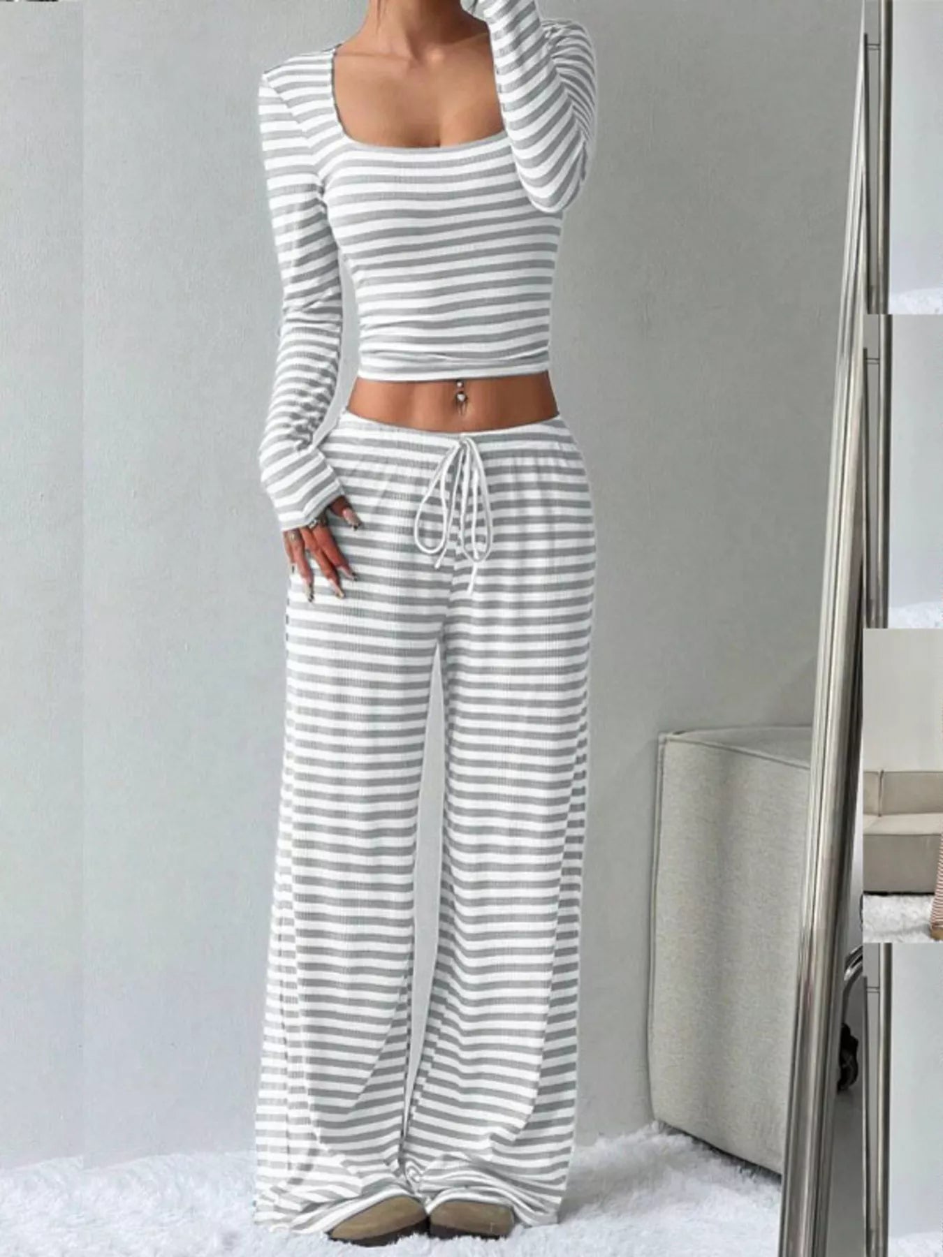 Barevici Horizon stripe set women’s striped long sleeve crop top and wide leg pants co ord grey stripes