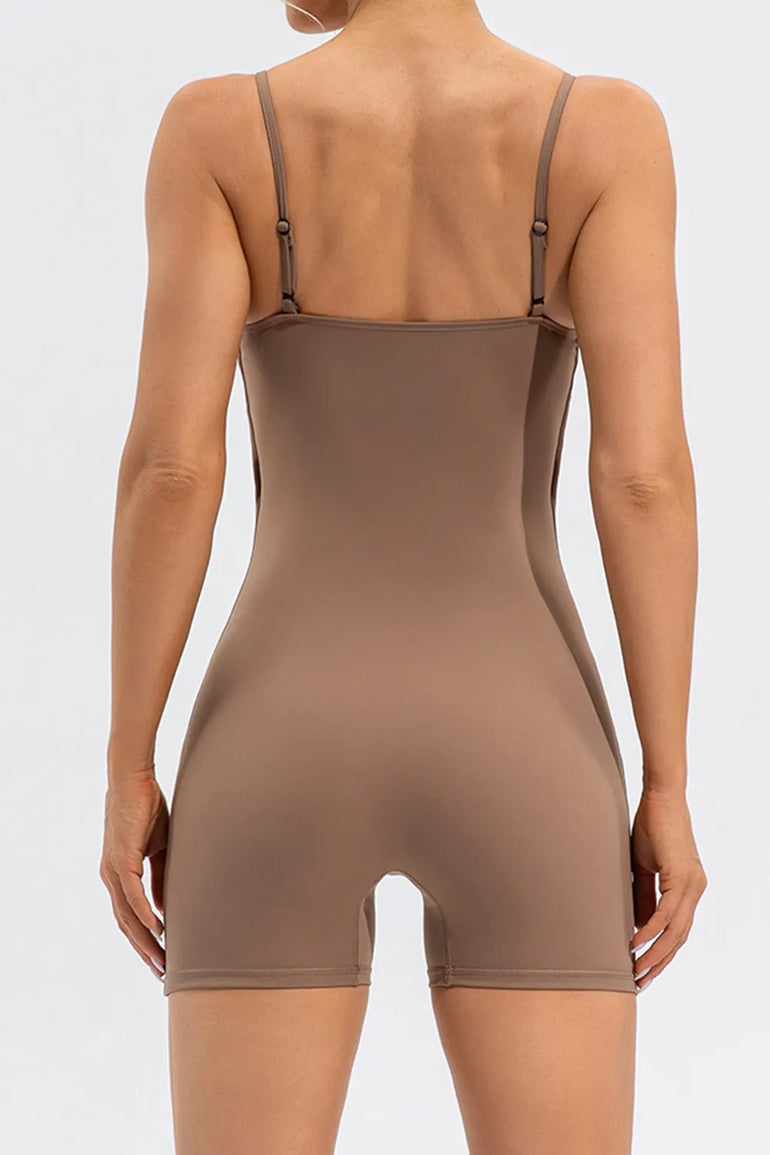 Barevici Lumen spaghetti strap romper women’s minimalist round neck one piece in khaki, back view