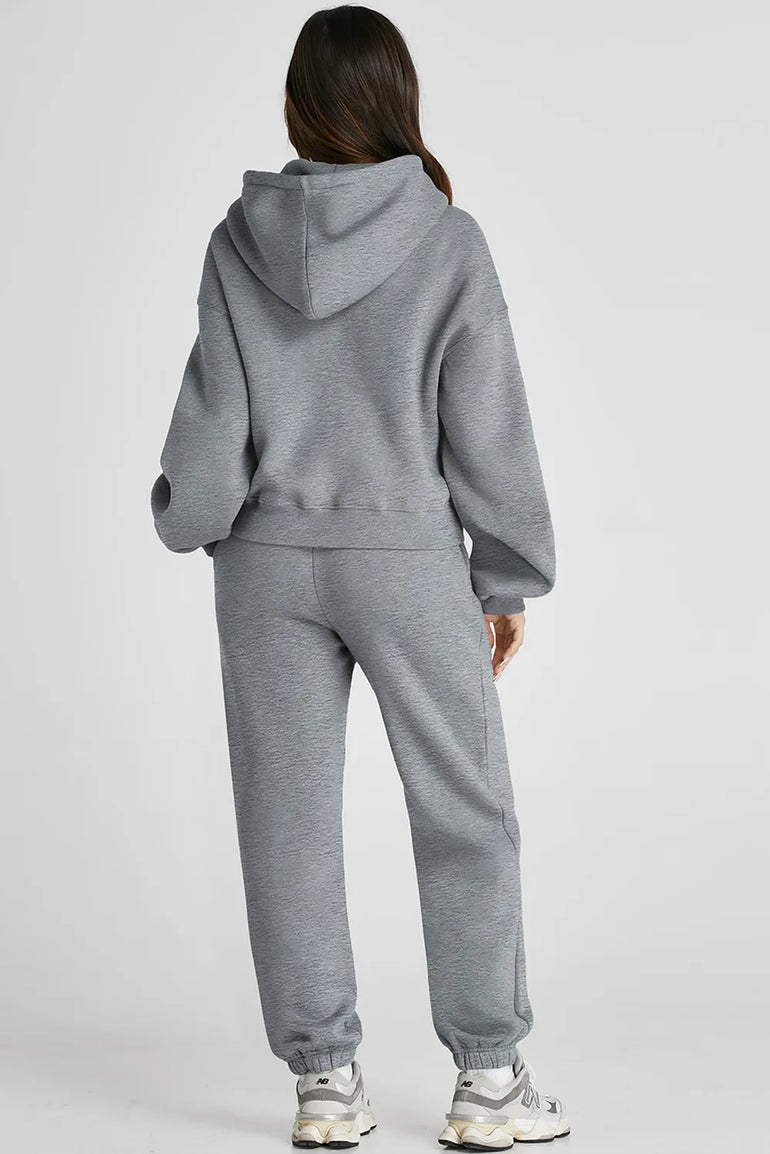 Barevici Transit hooded set women’s dropped shoulder hoodie and drawstring pants active co ord in gray, back view