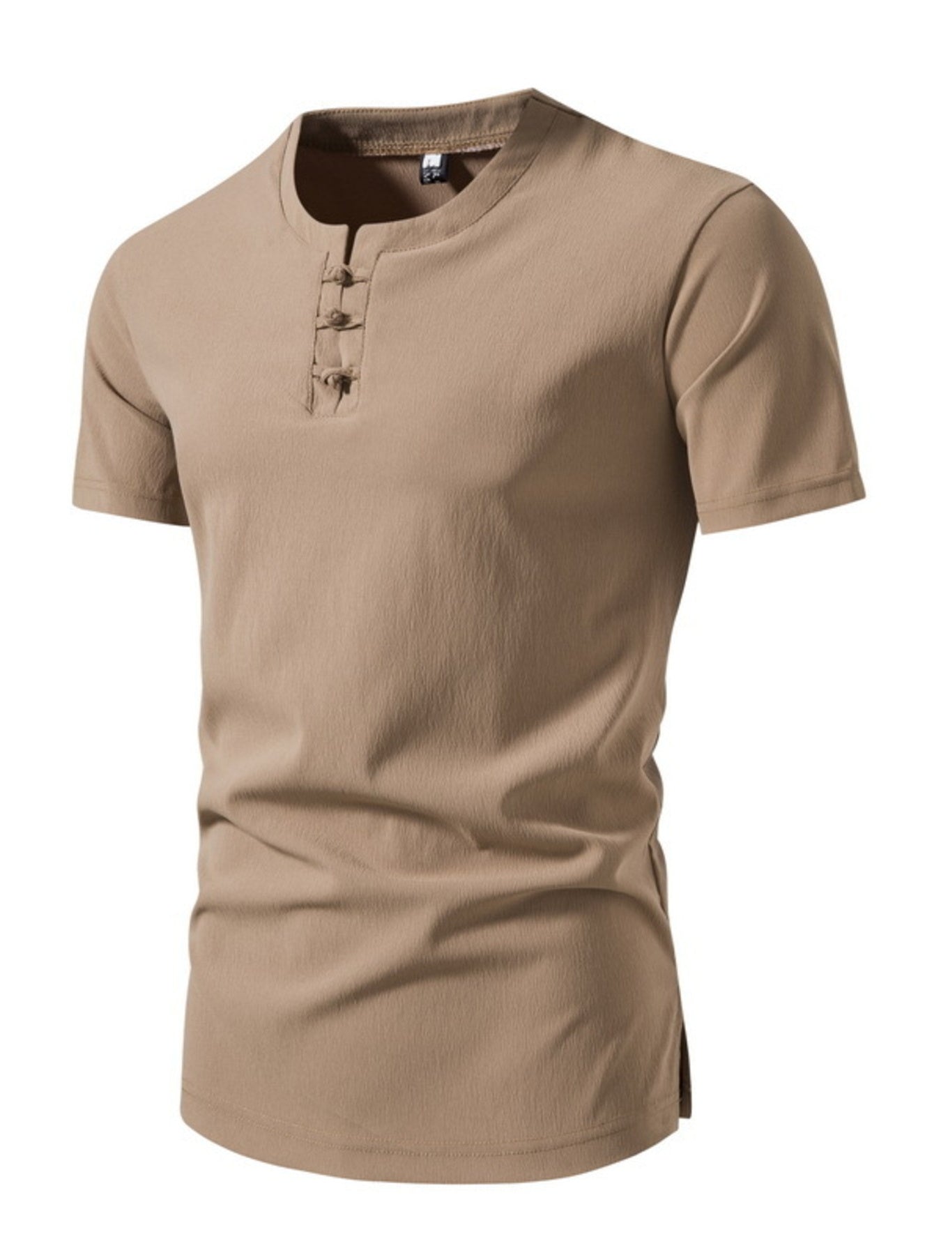 Barevici Harbor textured Henley tee men’s minimalist button detail t shirt beige