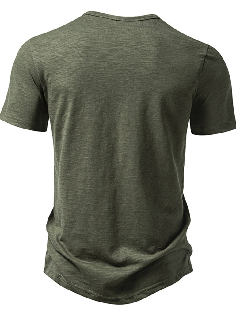 Barevici Crest button tee men’s minimalist casual t shirt dark grey back view