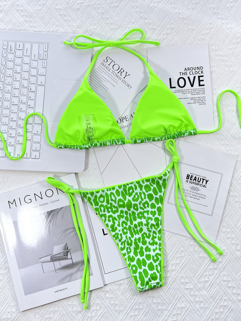 Barevici leopard print halter neck tie side bikini set women's minimalist adjustable swimwear green/yellow