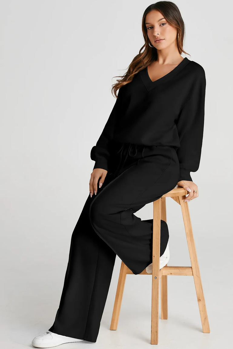 Barevici Meridian v neck set women’s black long sleeve top and pants minimalist lounge co ord, black