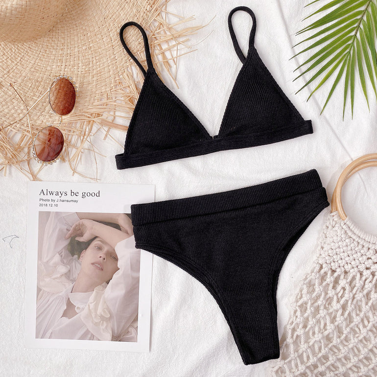 Barevici spaghetti strap ribbed bikini set women's minimalist textured swimwear (black)