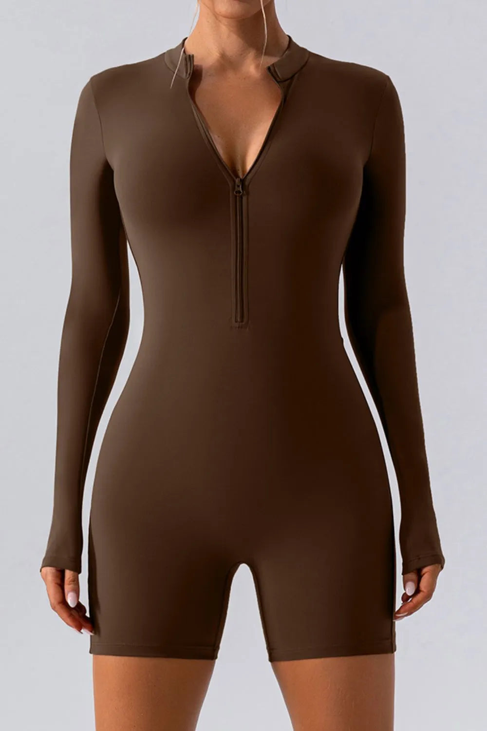 Barevici Vantage half zip active romper women’s long sleeve sculpting one piece in chocolate