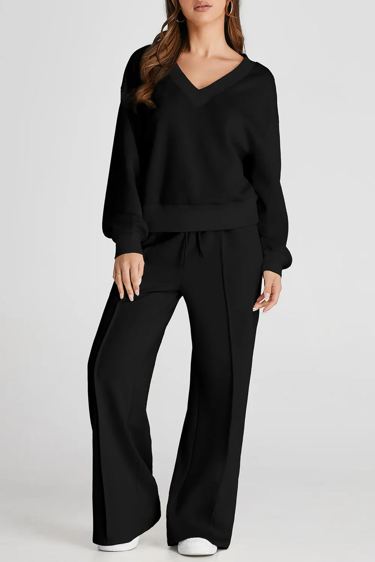 Barevici Meridian v neck set women’s black long sleeve top and pants minimalist lounge co ord, black
