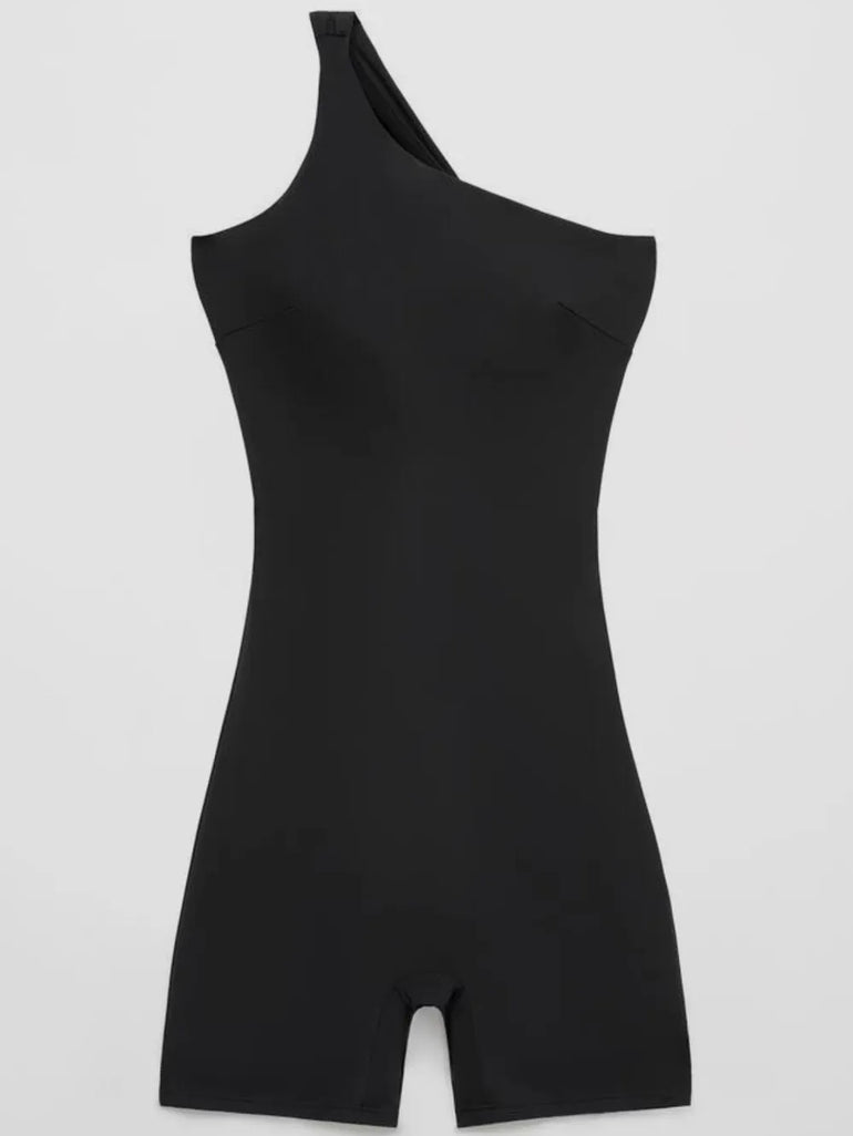 Barevici Solo one shoulder active romper women’s minimalist sculpting one piece in black ,product only