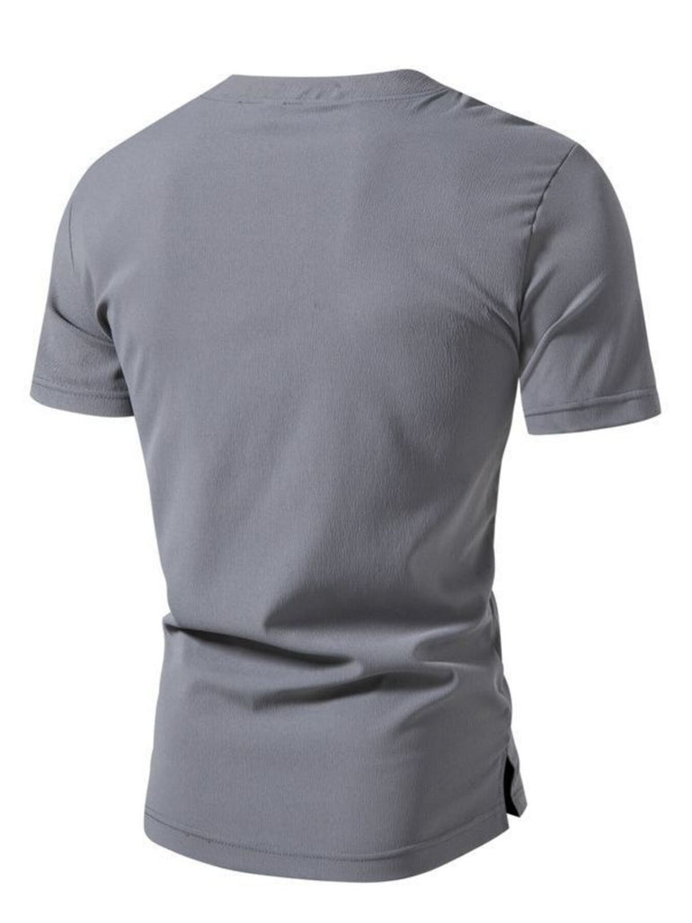 Barevici Harbor textured Henley tee men’s minimalist button detail t shirt light grey back view