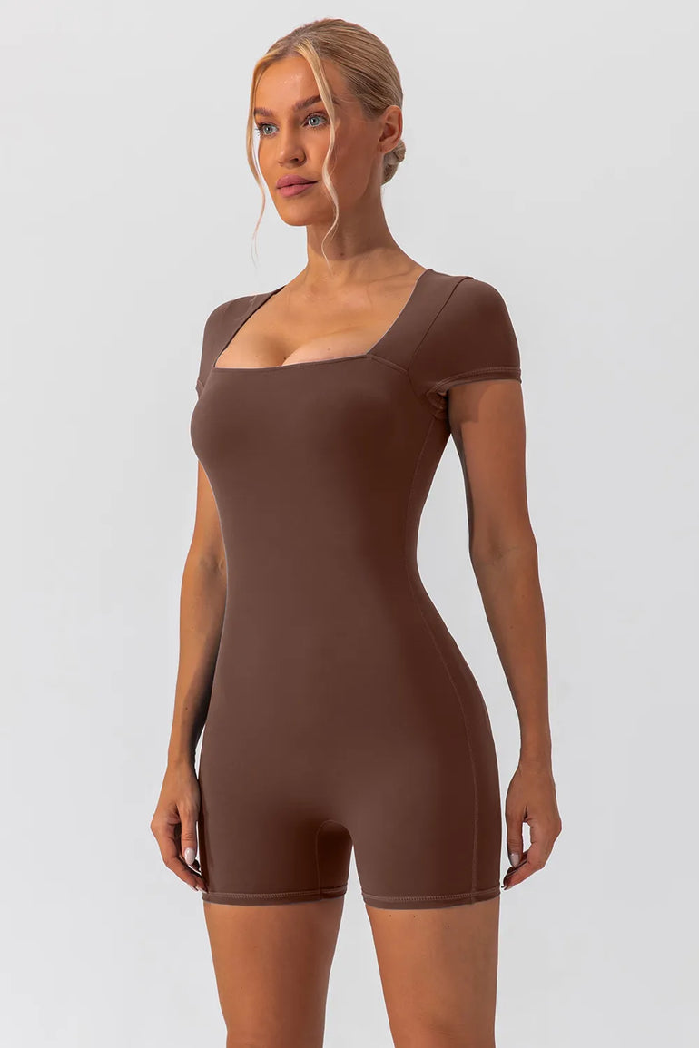 Barevici Poise cap sleeve active romper women’s square neck sculpting one piece in brown