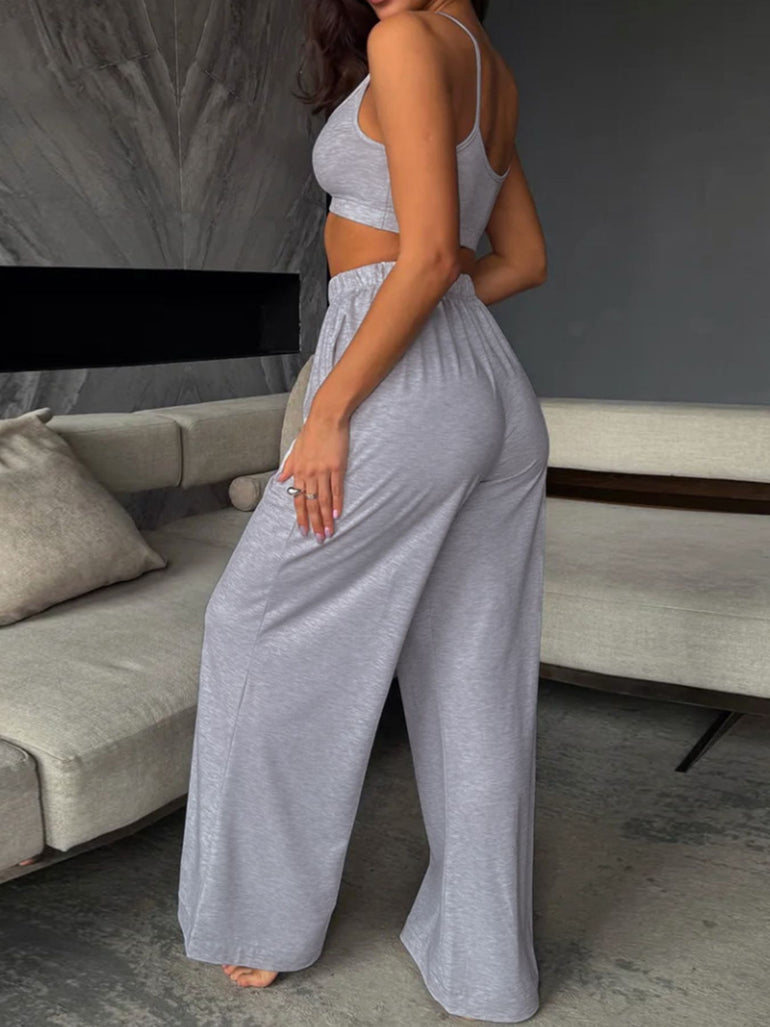 Barevici Sloan cami and pants set women’s minimalist scoop neck lounge co ord light grey on model. back view