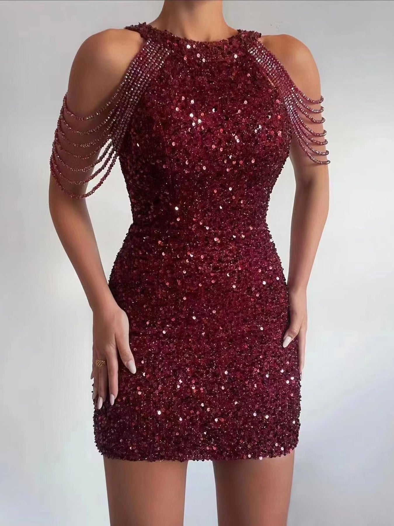 Barevici Nova sequin bodycon dress full size plus mini women’s slightly stretchy lined party dress in burgandy
