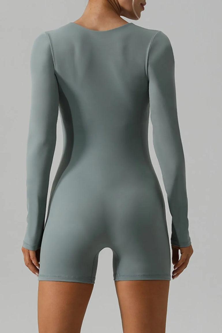 Barevici Aura long sleeve active romper women’s square neck minimalist one piece light green back view