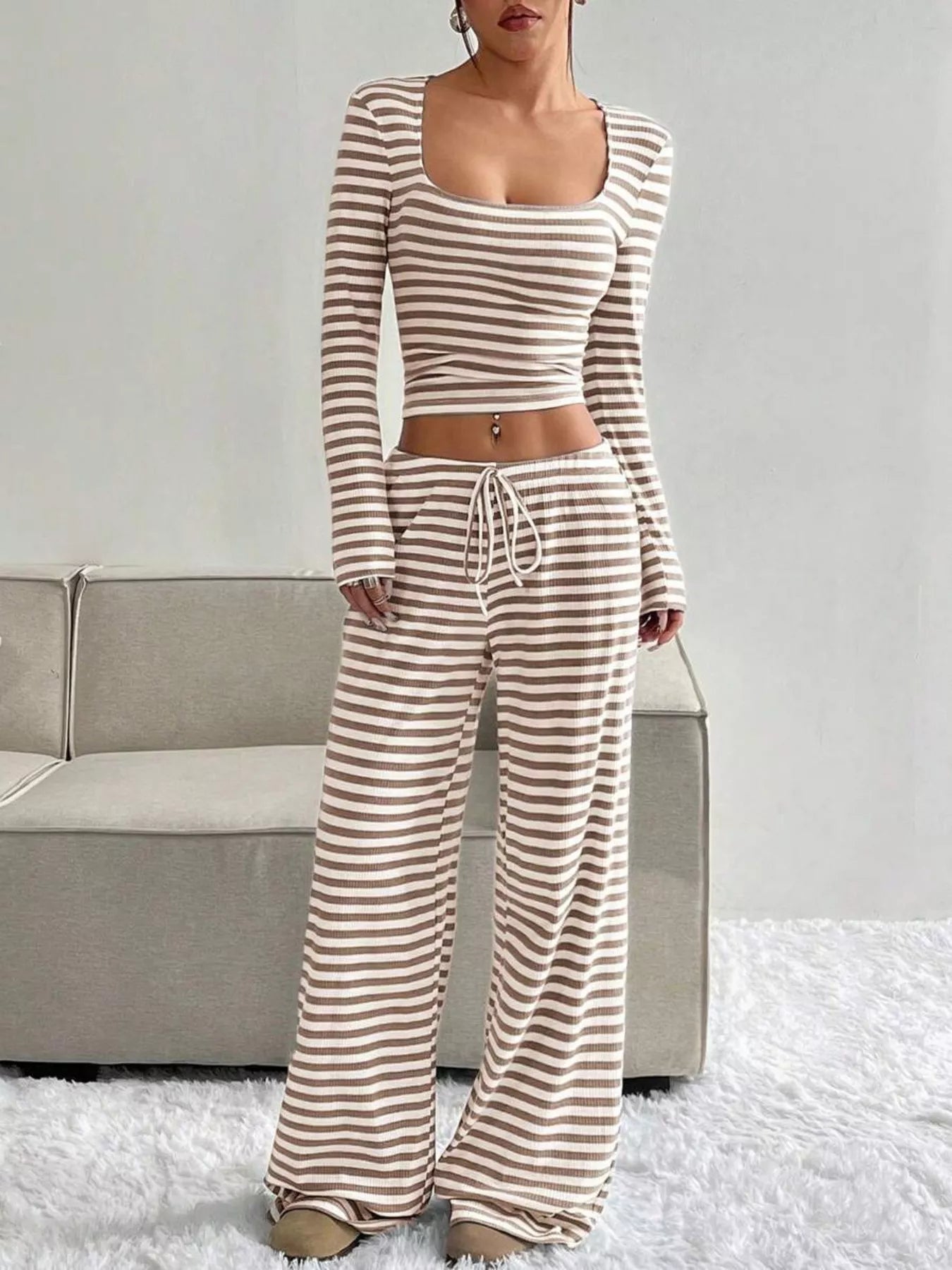 Barevici Horizon stripe set women’s striped long sleeve crop top and wide leg pants co ord khaki