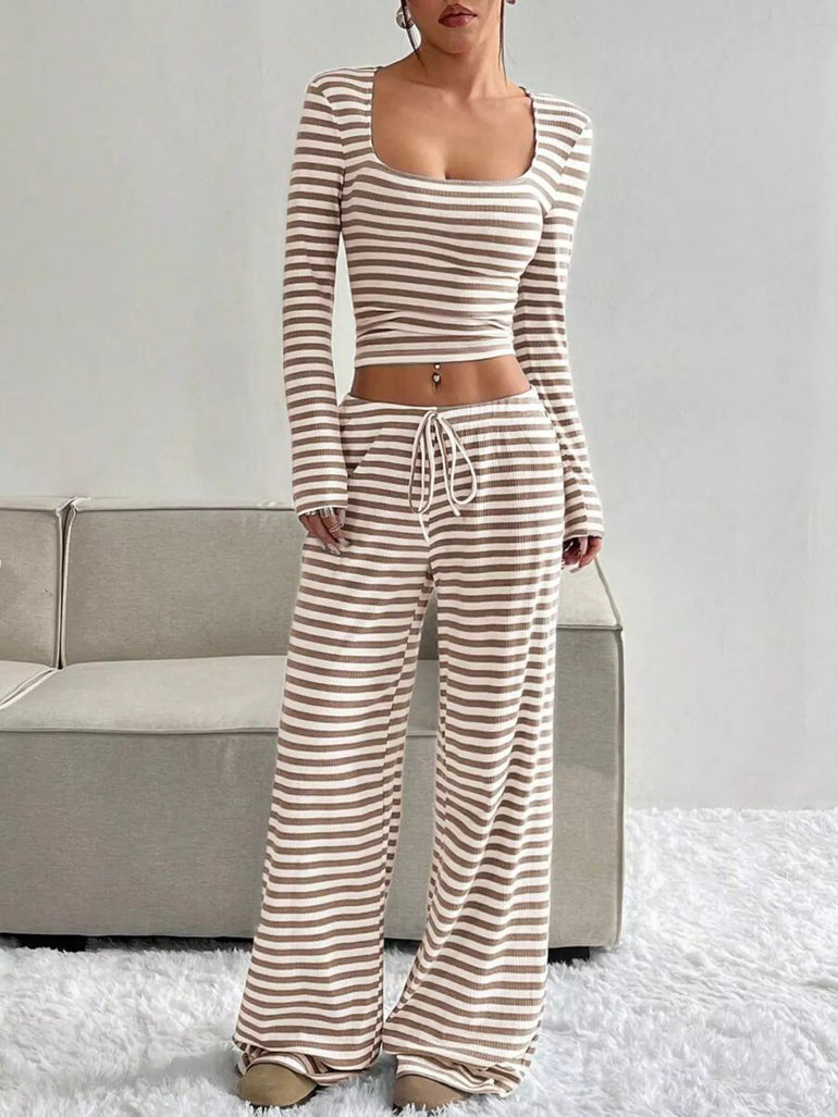 Barevici Horizon stripe set women’s striped long sleeve crop top and wide leg pants co ord khaki