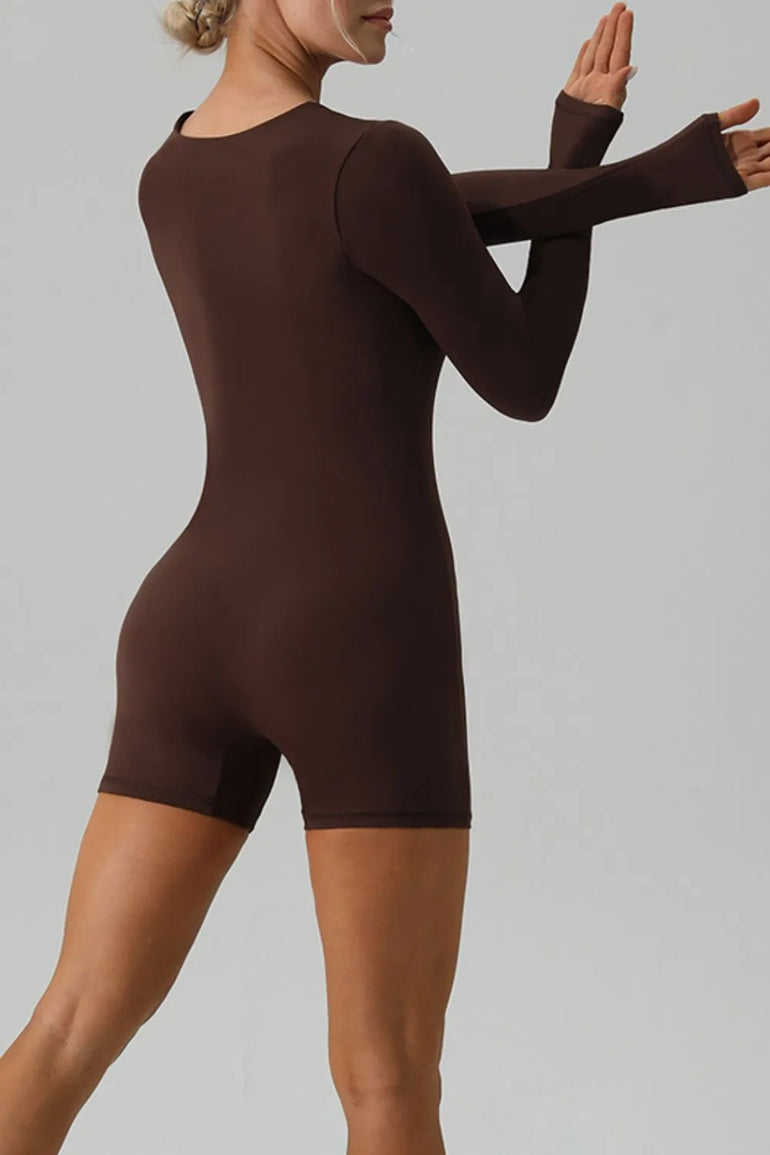Barevici Aura long sleeve active romper women’s square neck minimalist one piece brown back view