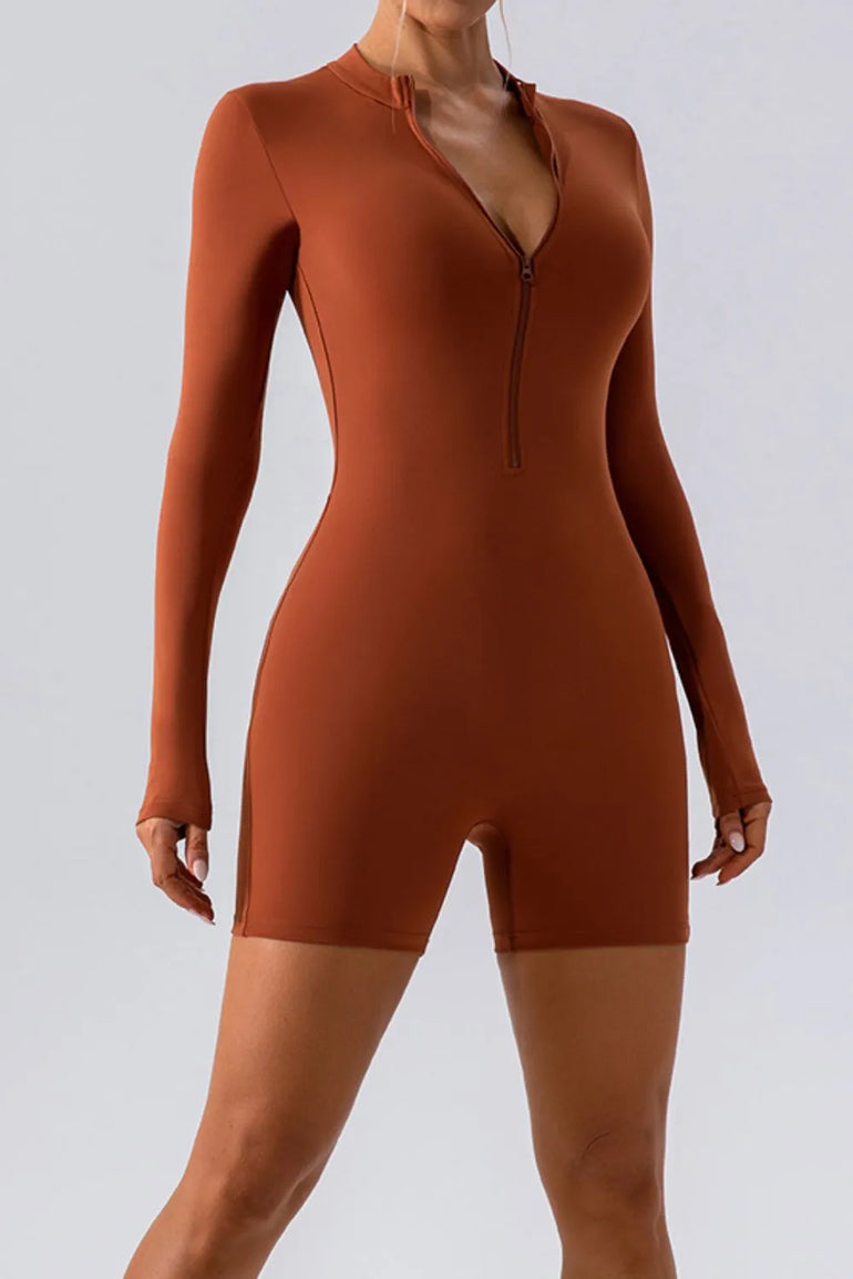 Barevici Vantage half zip active romper women’s long sleeve sculpting one piece in caramel