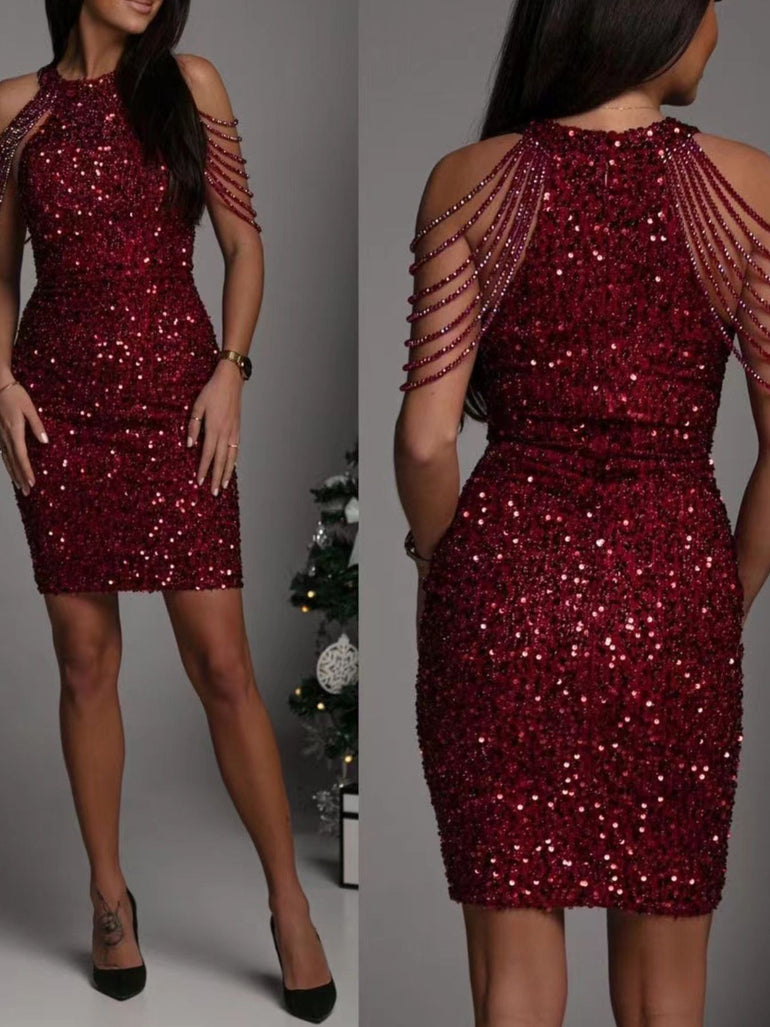 Barevici Nova sequin bodycon dress full size plus mini women’s slightly stretchy lined party dress in burgandy, back view