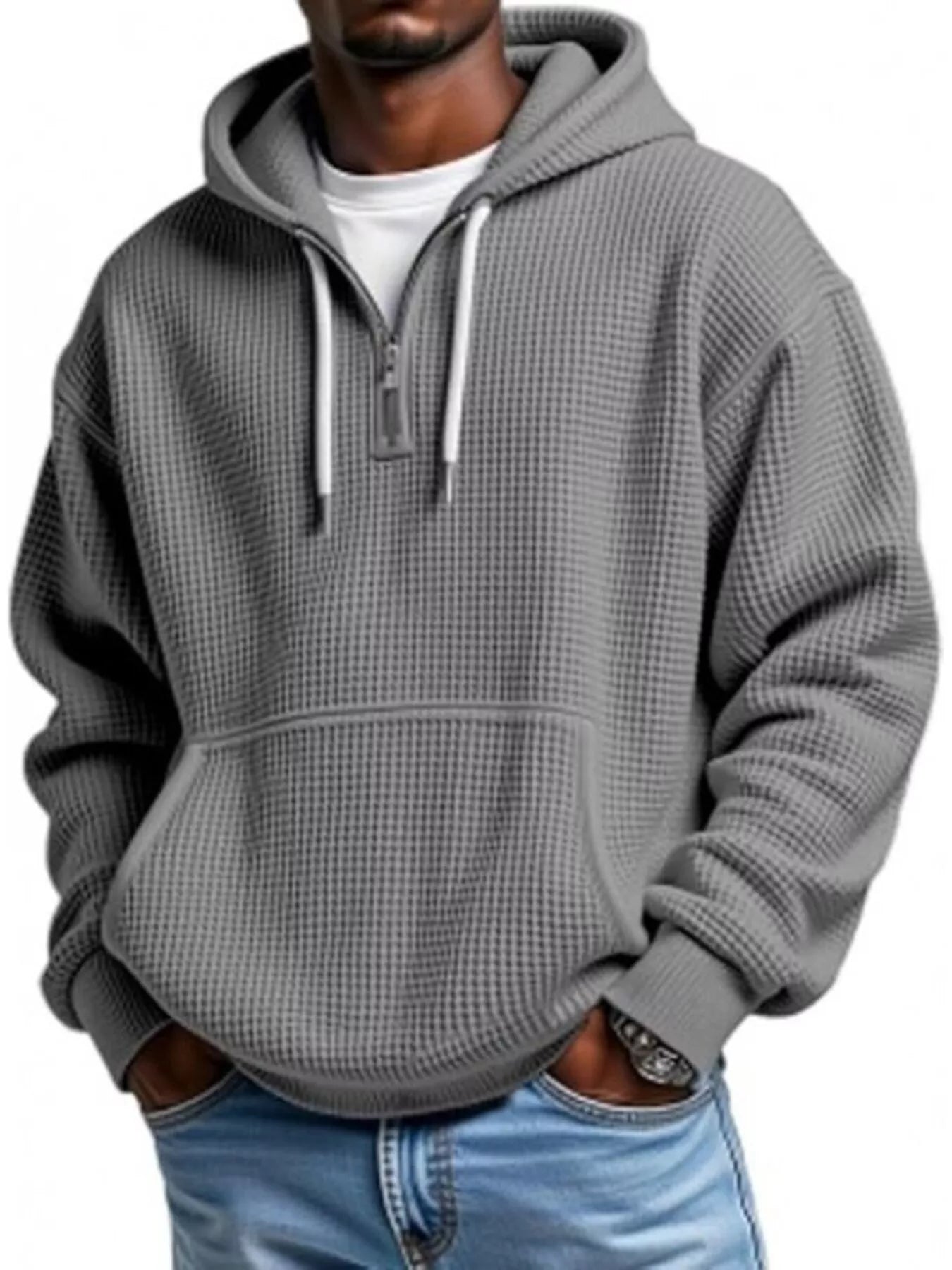 Barevici Loft waffle quarter zip hoodie men’s plus size textured hooded sweatshirt