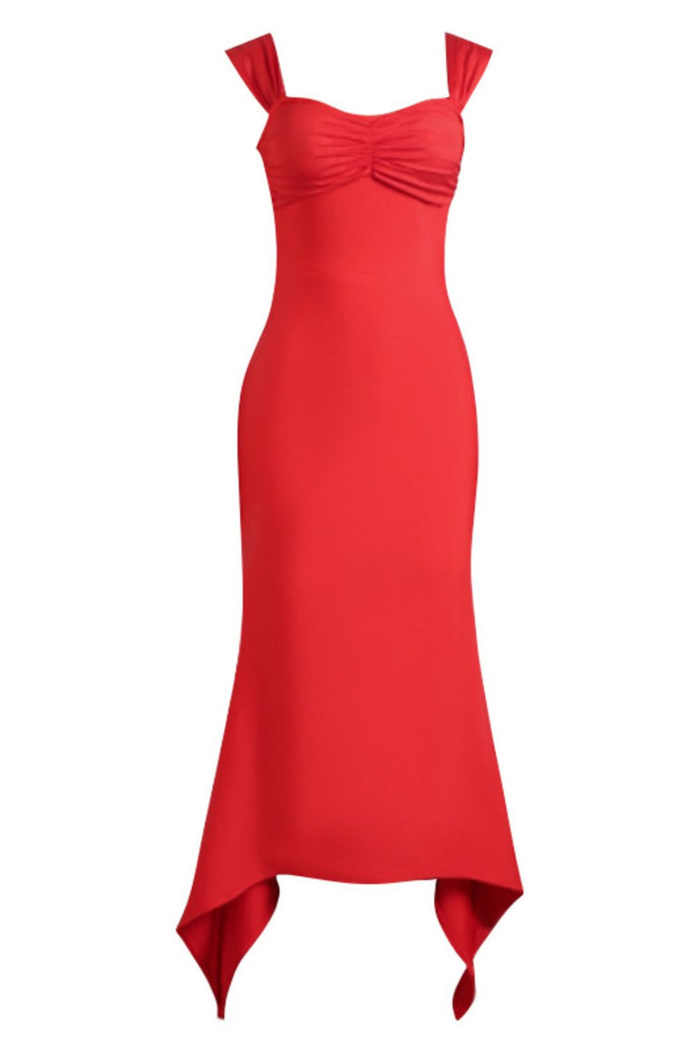 Barevici Rouge sweetheart midi dress women’s red ruched bodycon cocktail dress with hem detail and highly stretchy viscose blend fabric