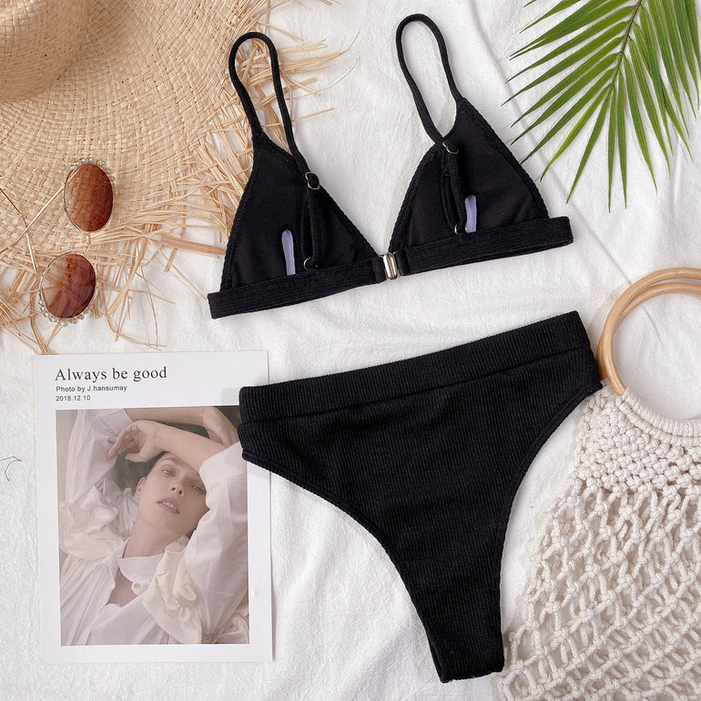 Barevici spaghetti strap ribbed bikini set women's minimalist textured swimwear black material