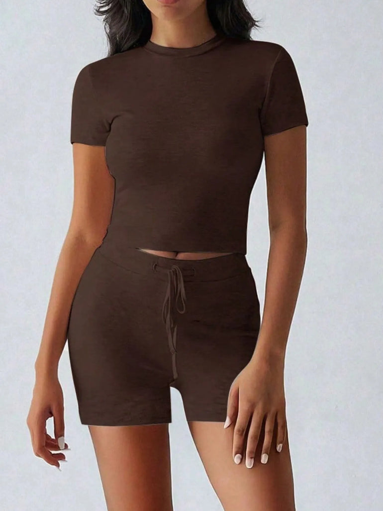 Barevici Cove tee and shorts set women’s minimalist round neck lounge co ord in brown