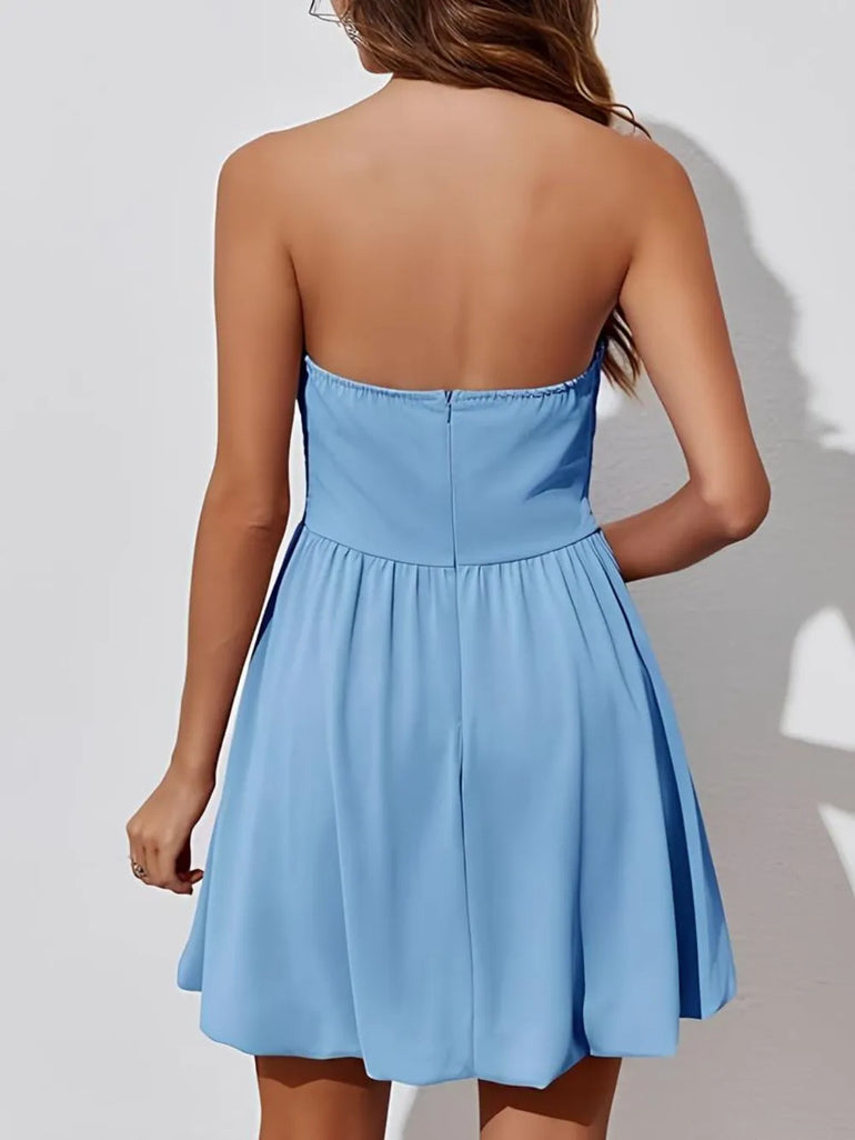 Barevici Cloud ruched tube mini dress women’s light blue strapless body skimming dress with slightly stretchy cotton blend fabric and all over ruching, back view