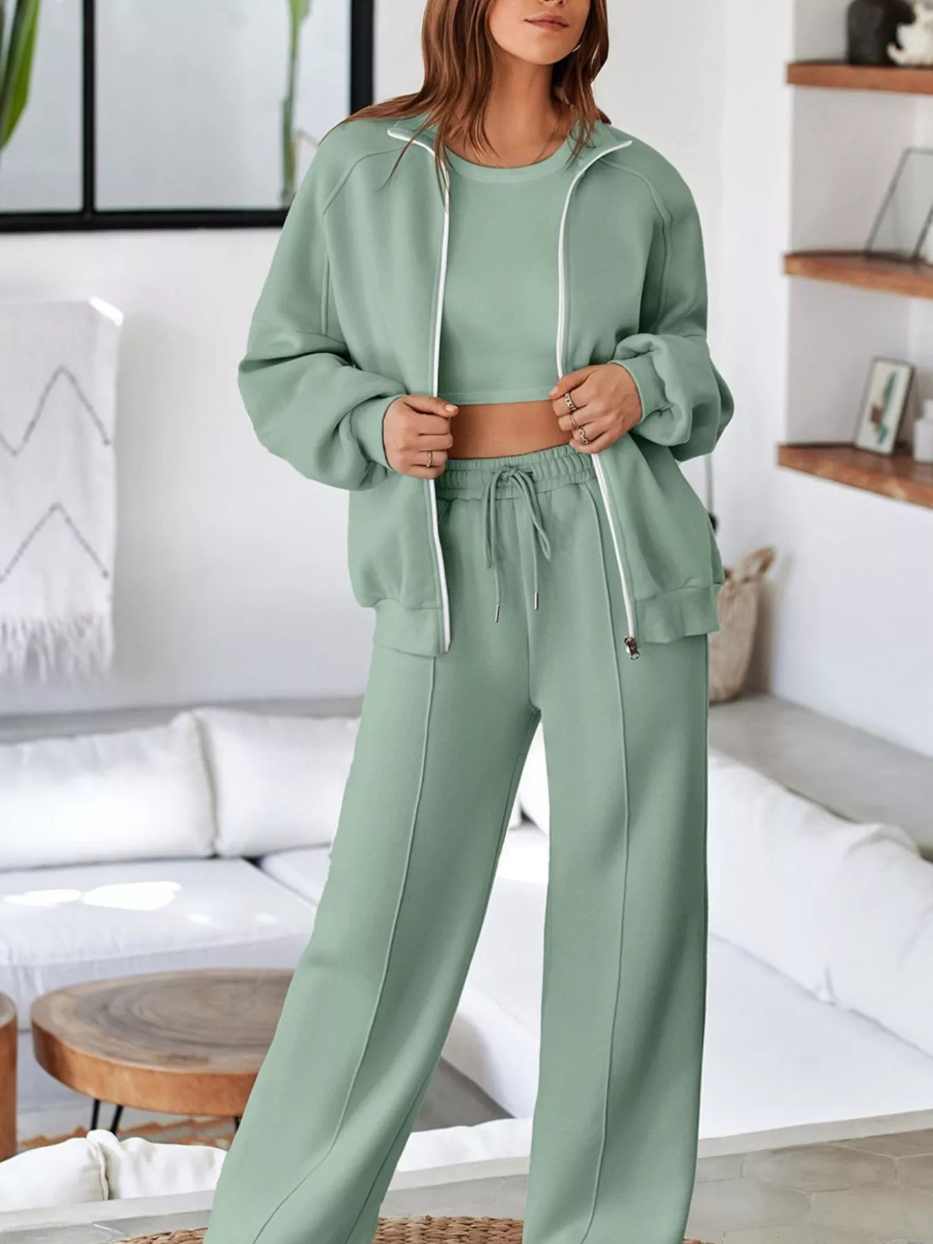 Barevici Motion zip track set women’s drop shoulder jacket and drawstring pants active co ord in sage